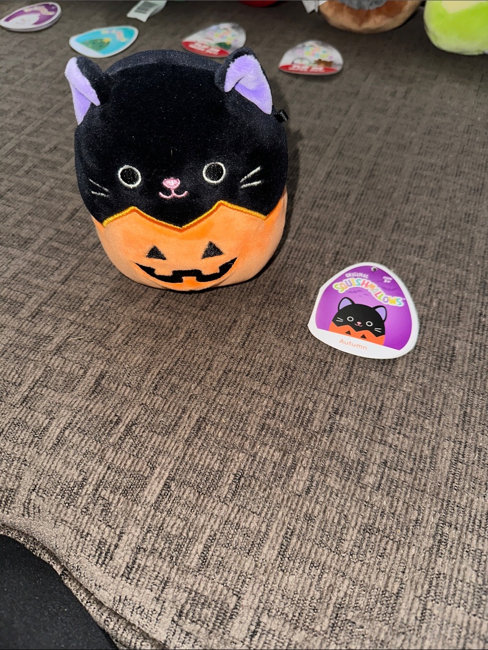 Squishmallows Black Cat in Orange Pumpkin Costume with Purple Ear Accents